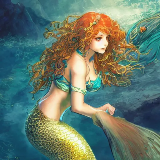 Prompt: character portrait of the mermaid Princess of Atlantis, color page, 4K, tone mapping, Akihiko Yoshida, James_Jean_Andrei_Riabovitchev_Marc_Simonetti, Yoshitaka Amano, digital illustration, curls