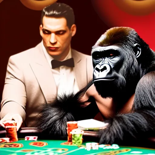 Image similar to a gorilla mobster playing poker at a casino table with other gorilla mobsters