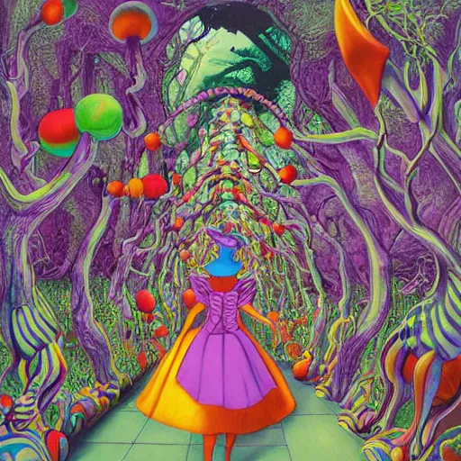 Image similar to a maddeningly colorful, psychedelic strange world of alice in wonderland by mc escher