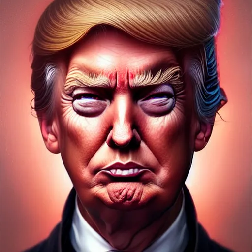 Image similar to Portrait of Trump, D&D, red eyes, face, fantasy, intricate, elegant, highly detailed, digital painting, artstation, concept art, smooth, sharp focus, illustration, art by artgerm and greg rutkowski and alphonse mucha