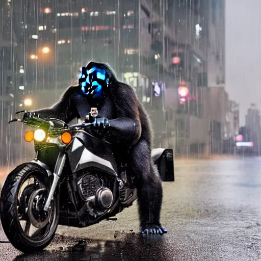 Image similar to a gorilla is riding a motor cycle in a cyberpunk city, shot from far away, during night, raining, many puddles on the street where the shiny motorcycle is reflected in