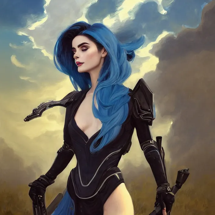 Image similar to portrait of a combination of Ashley Greene, Adriana Dxim, Grace Kelly and Lily Collins with blue hair wearing Warframe armor, countryside, calm, fantasy character portrait, dynamic pose, above view, sunny day, thunder clouds in the sky, artwork by Jeremy Lipkin and Giuseppe Dangelico Pino and Michael Garmash and Rob Rey and Greg Manchess and Huang Guangjian, very coherent asymmetrical artwork, sharp edges, perfect face, simple form, 100mm