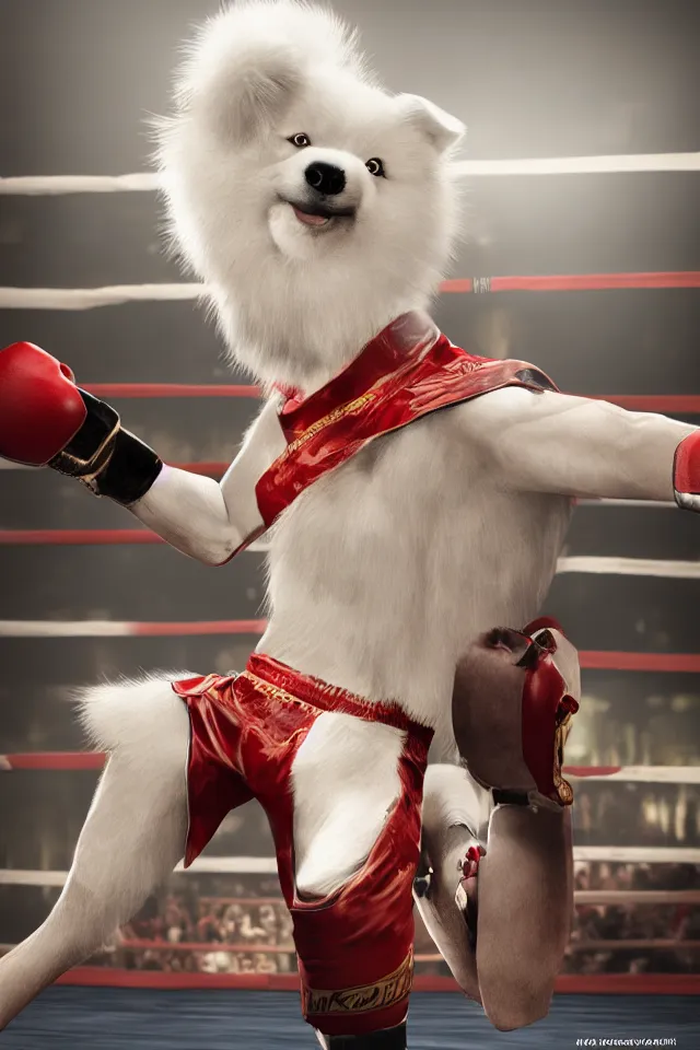 Image similar to samoyed dog head on a human body as a muay thai kickboxer, Wai Kru Ram Muay, world championship fight, photorealistic, cinematic lighting, film still