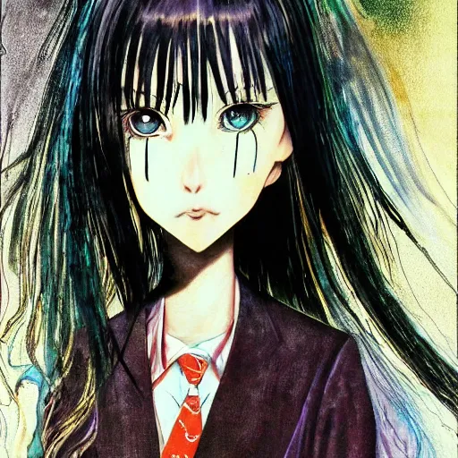 Image similar to yoshitaka amano realistic illustration of an anime girl with black eyes and long wavy white hair wearing dress suit with tie and surrounded by abstract junji ito style patterns in the background, blurry and dreamy illustration, noisy film grain effect, highly detailed, oil painting with expressive brush strokes, weird portrait angle, 9 0 s anime color palette