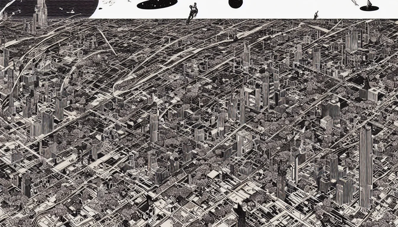 Image similar to detroit by woodblock print, nicolas delort, moebius, victo ngai, josan gonzalez, kilian eng