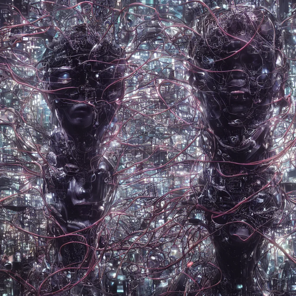 Prompt: hyperrealistic, photo of a giant highly detailed cyber adorned robot head, cerebral hacking in a huge intricate synaptic network with bundled cable wiring tubes and neuronal tentacle connections sprawling and swirling everywhere, cyberpunk, by wayne barlowe, photorealistic, cinematic, still from ghost in the shell 2 0 1 7