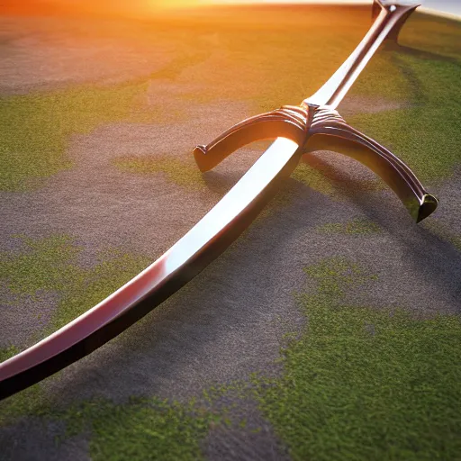 Prompt: 3d render of a big sword stuck in the ground with god rays around it, sunrise, ultra photorealistic, 8k,