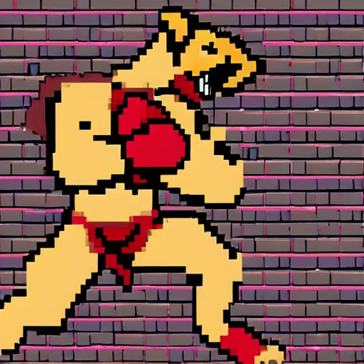 Image similar to full body portrait. 1 6 bit sega graphics. antropomorphic muscular masculine wolf, kickboxer fighter, in shorts, staying in front of brick wall. wolf head. furr on body