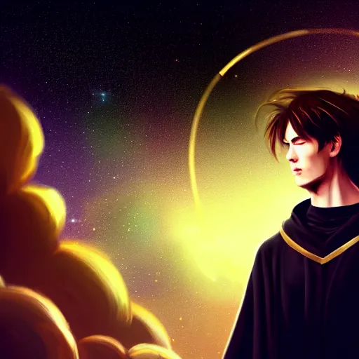 Image similar to a man with with brown hair, wearing a black robe with the tips made of gold, setting in space with a galaxy in the backround, depth of field, on amino, by sakimichan patreon, wlop, weibo high quality art on artstation