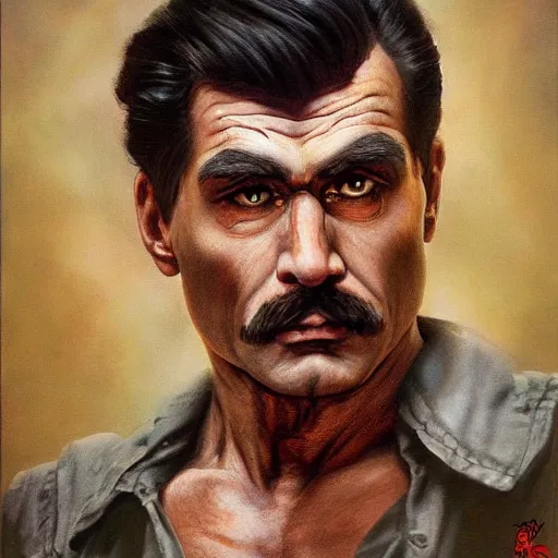 Prompt: An ultra realistic portrait painting of Mario in the style of Frank Frazetta, 4k, Ultrarealistic, Highly Detailed, Dark Fantasy, Epic Lighting