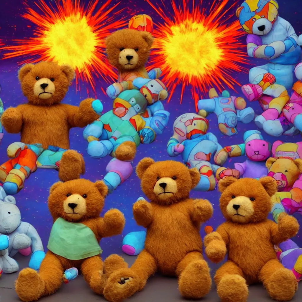 Prompt: a lot of teddy bears fights in epic battle, background a nuclear toxic multi - colored explosion in big town, psychedelic