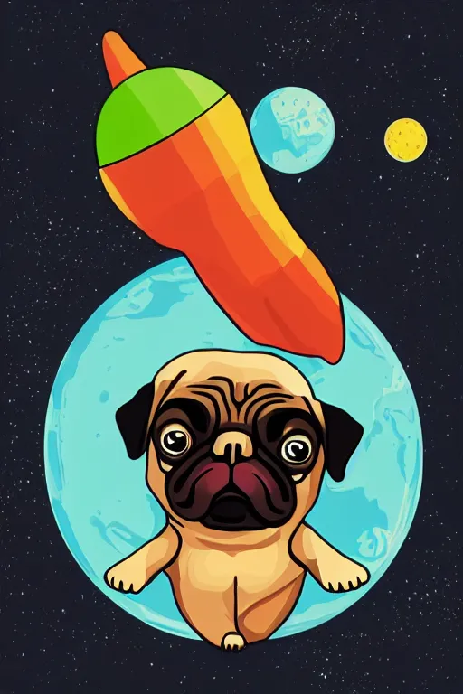 Image similar to planet pug floating in space, art by iktor miller gausa, sticker, colorful, illustration, highly detailed, simple, smooth and clean vector curves, no jagged lines, vector art, smooth