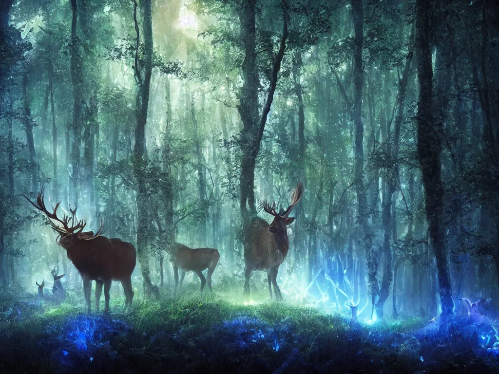 Prompt: a fantasy beautiful dense biorelevant rainforest setting, ultrawide angle, a large blue glowing elk herd with light illuminating from within, cinematic lighting, extremely emotional, extremely dramatic, surround it with pixie dust ether floating in the air, hdr, epic scale, cmyk, deep spectrum color