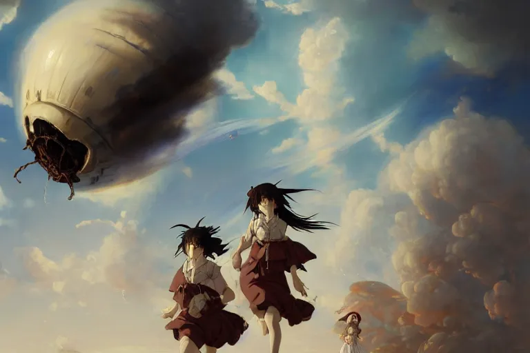 Prompt: baroque oil painting of anime key visual concept art of anime maids running away from the hindenburg disaster, smoke debris, grimdark steampunk fantasy, pleasant battlefield, trending on artstation, brush strokes, oil on canvas, style of makoto shinkai and greg rutkowski and studio ghibli