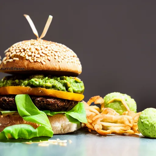 Image similar to vegan hamburger with guacamole and crispy fried onion and fried egg toppings, crispy buns, 8 k resolution, studio lighting, sharp focus, hyper - detailed