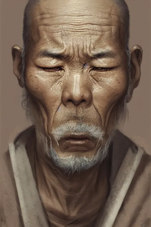 Image similar to Japanese monk, portrait, poor, intricate, elegant, volumetric lighting, scenery, digital painting, highly detailed, artstation, sharp focus, illustration, concept art,ruan jia, steve mccurry