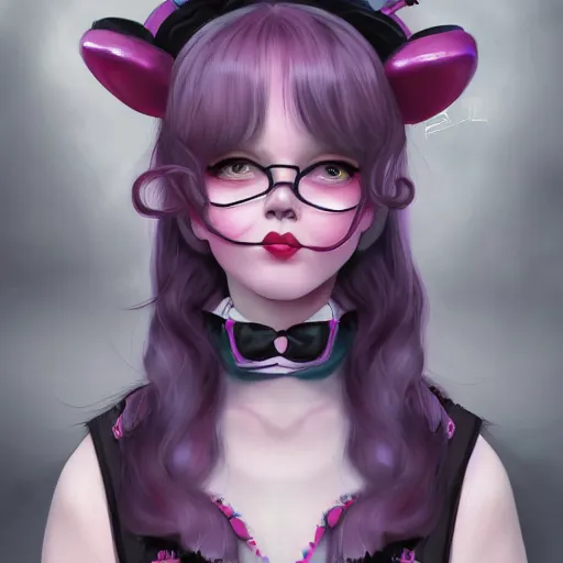 Image similar to a girl wearing lolita clothes, purple lipstick, pigtails, highly detailed, digital painting, artstation, concept art, smooth, sharp focus, illustration