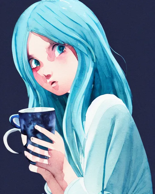 Image similar to watercolor painting of a pretty girl with Blue hair, wearing an oversized sweater, sitting by a windowsill, night, holding a mug of hot tea. In the style of ilya kuvshinov, dramatic lighting, fantasy, intricate, elegant, highly detailed, lifelike, photorealistic, digital painting, bokeh, HDR, high resolution, artstation, concept art, smooth, sharp focus, art by Krenz Cushart and Albert Aublet