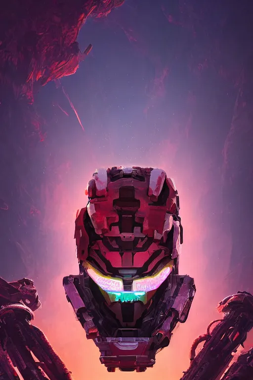 Prompt: strange creature in dead space space suit radiating a glowing aura horizon forbidden west horizon zero dawn global illumination ray tracing hdr fanart arstation by ian pesty and alena aenami artworks in 4 k tribal robot ninja mask helmet backpack