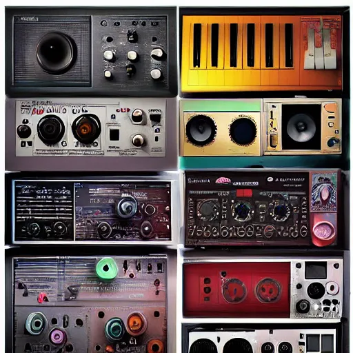Prompt: various analog audio controllers and synthesizers, vibrant color photo, style of shaun tan junji ito