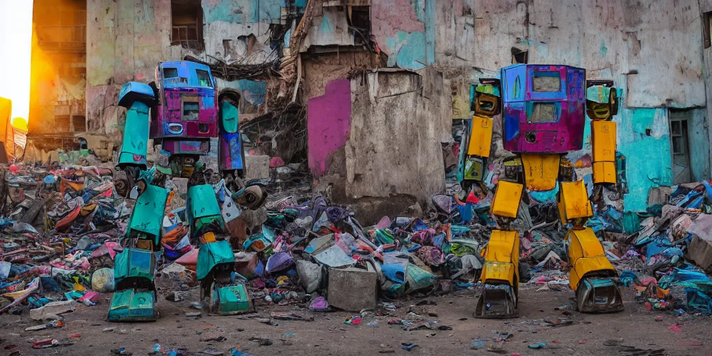 Prompt: destroyed colourful giant mecha ROBOT of AJEGUNLE SLUMS of Lagos, markings on robot, Golden Hour,