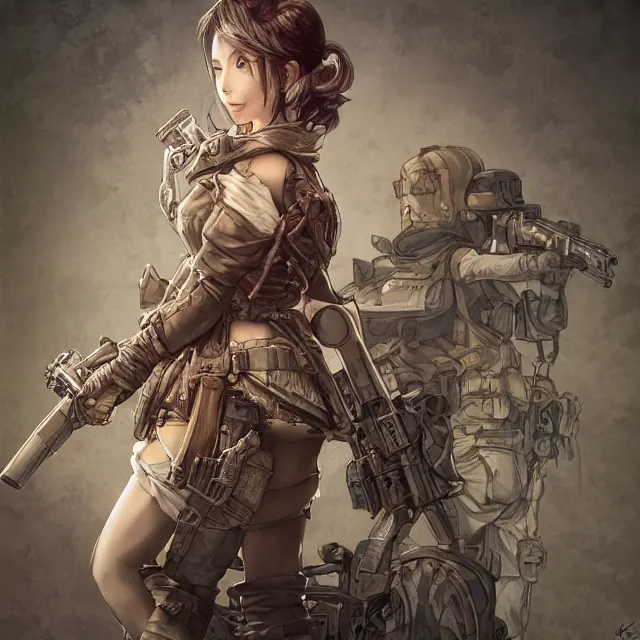 Image similar to the portrait of lawful neutral semi - colorful female infantry gunner as absurdly beautiful, gorgeous, elegant, young gravure idol, an ultrafine hyperdetailed illustration by kim jung gi, irakli nadar, intricate linework, bright colors, octopath traveler, final fantasy, unreal engine 5 highly rendered, global illumination, radiant light, detailed and intricate environment