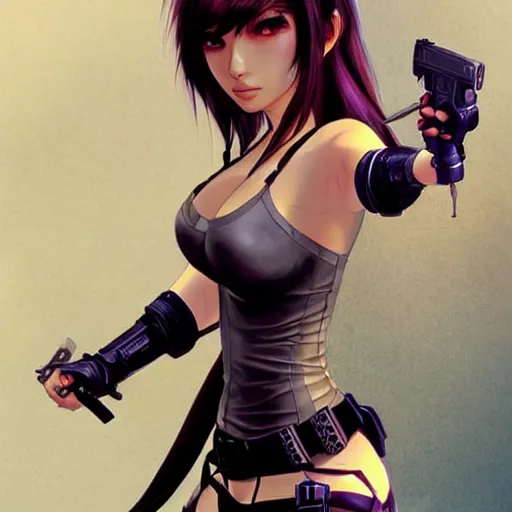 Prompt: concept art illustration of a beautiful young japanese christina hendricks natalie portman as lara croft motoko kusanagi anime protagonist, wearing tokyo harajuku street fashion combat warrior fantasy bikini, intricate, elegant, gorgeous, stunning, alluring, art by kim hyng tae, style of blade and soul, and masamune shirow