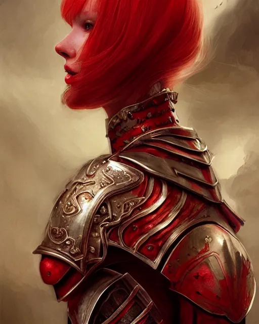 Image similar to redhead queen knight in red armor, inside grand hall in castle with rococo aesthetic, beautiful face, intimidating, high fantasy, intricate detail, digital painting, artstation, concept art, smooth, sharp focus, illustration, art by yoshitaka amano and monia merlo and wlop, masterpiece.