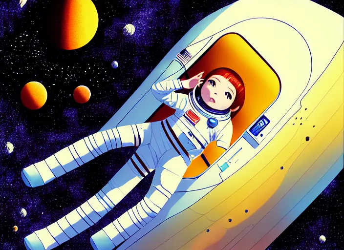 Image similar to portrait of a young astronaut girl floating inside a spacestation,ink stippling, Karolis Strautniekas,omoide emanon, tsuruta kenji, murata range,kawaii, kyoto animation, manga, intricate, detailed, studio lighting, gradation,editorial illustration, matte print, Ilya Kuvshinov