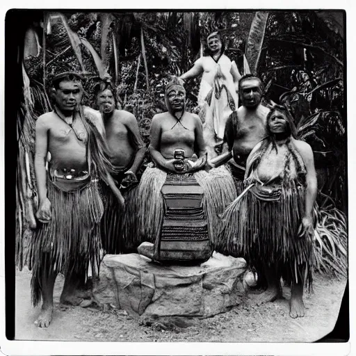 Prompt: lost film footage of a sacred ( ( ( indigenous ) ) ) artifact in the middle of the ( ( ( ( ( ( ( ( ( ( tropical jungle ) ) ) ) ) ) ) ) ) ) / ethnographic object / film still / cinematic / enhanced / 1 9 0 0 s / black and white / grain