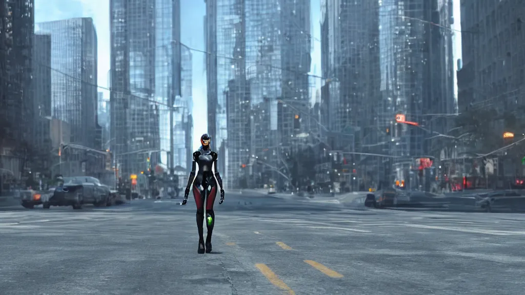 Prompt: modern sci-fi ninja woman with a mechanical sword and translucent shiny armour, walking towards oncoming traffic in downtown chicago, daytime, matte painting, unreal engine, cinematic camera, mirrors edge, inception