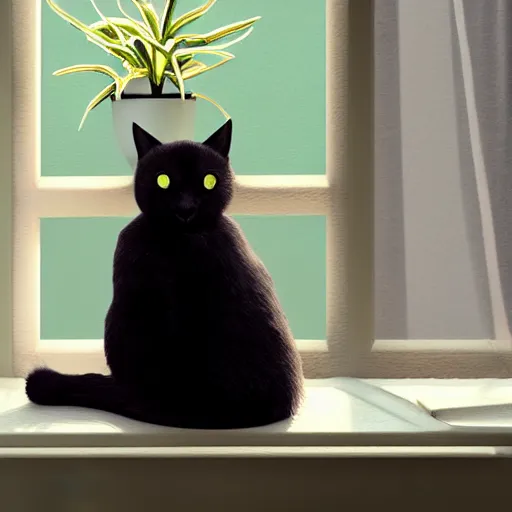 Image similar to peaceful dreamy painting of a content black cat sitting by a window, sunshine coming through the window, small plants on the window sill, 8k, hyper realism, trending on artstation, octane render