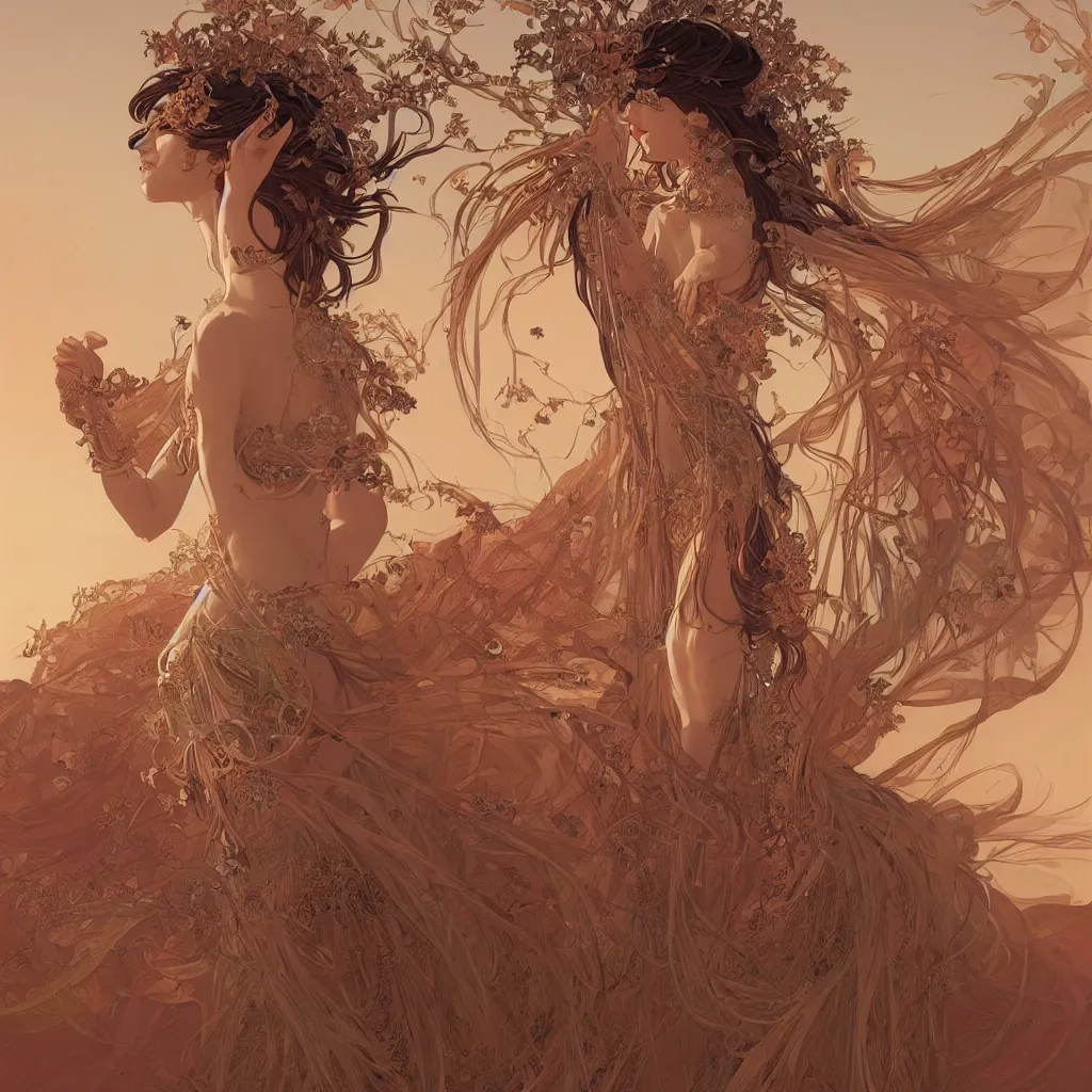 Prompt: seductive goddess dancing in the desert, symmetrical face, fantasy, intricate and very beautiful and elegant, highly detailed, digital painting, artstation, concept art, smooth and sharp focus, illustration, art by tan zi and ayanamikodon and alphonse mucha and wlop