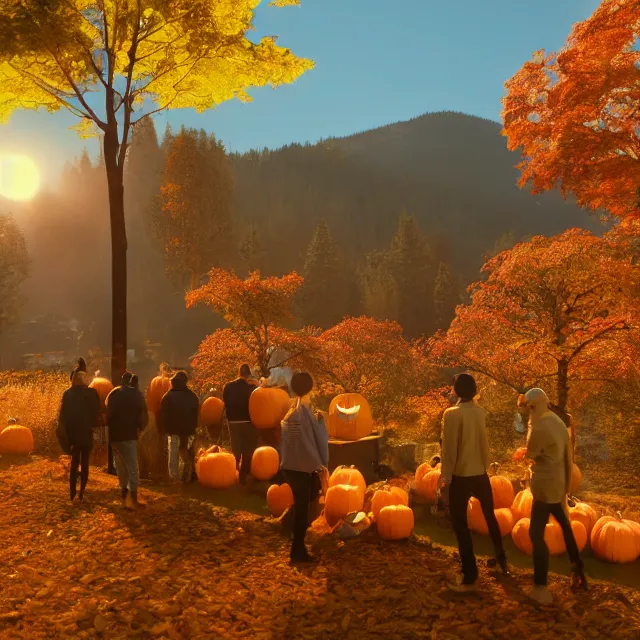 Prompt: pumpkin headed people ordering coffee at a coffee stand, maple trees with fall foliage, on a mountain, volumetric, realistic, cinematic lighting, ray tracing, unreal engine 5, octane render, hyper realistic, photo, 8 k