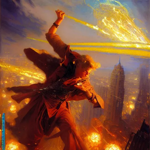 Image similar to stunning male master wizard destroying new york by his thunder spell, highly detailed painting by gaston bussiere, craig mullins, j. c. leyendecker, 8 k