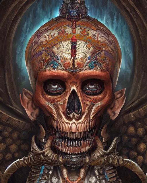 Image similar to digital painting of cizin, undead mayan god of death by filipe pagliuso and justin gerard, symmetric, fantasy, highly detailed, realistic, intricate, portrait, sharp focus, tarot card