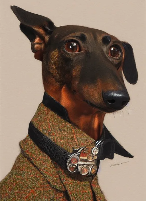 Image similar to dachshund with a raised highbrow, wearing a tweed jacket, wearing a monocle | highly detailed | very intricate | elaborate outfit | symmetrical | cinematic lighting | award - winning | closeup portrait | painted by donato giancola and mandy jurgens and charlie bowater | featured on artstation