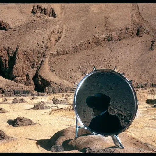 Image similar to salvador dali with full - face golden mask in a dry rocky desert landscape, visible sky and sunny atmosphere, fata morgana and giant square mirrors, film still from the movie by alejandro jodorowsky with cinematogrophy of christopher doyle and art direction by hans giger, anamorphic lens, kodakchrome, very detailed photo, 8 k