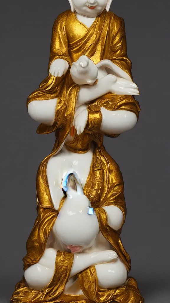 Image similar to a porcelain buddhism rabbit statue with a kiseru painted by john singer sargent