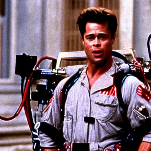 Prompt: film still of Brad Pitt as Peter Venkman in Ghostbusters 1984