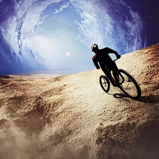 Prompt: surreal, dreamlike image of a person riding a mountain bike througout deep space, view from camera placed on his helmet