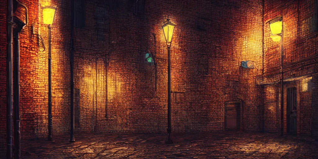 Prompt: ultra realist and ultra intricate detailed soft painting of an alleyway corner at night, reflective city nights, neon glow, city background, brick wall, artstation, unreal render, depth of field