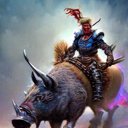 Image similar to hyperrealistic mixed media painting of Trump as a Warlord Riding a Boar, stunning 3d render inspired art by P. Craig Russell and Barry Windsor-Smith, 8k octane beautifully detailed render, post-processing, extremely hyperdetailed, intricate, epic composition, grim yet sparkling atmosphere, cinematic lighting + masterpiece, trending on artstation, very detailed, masterpiece, stunning