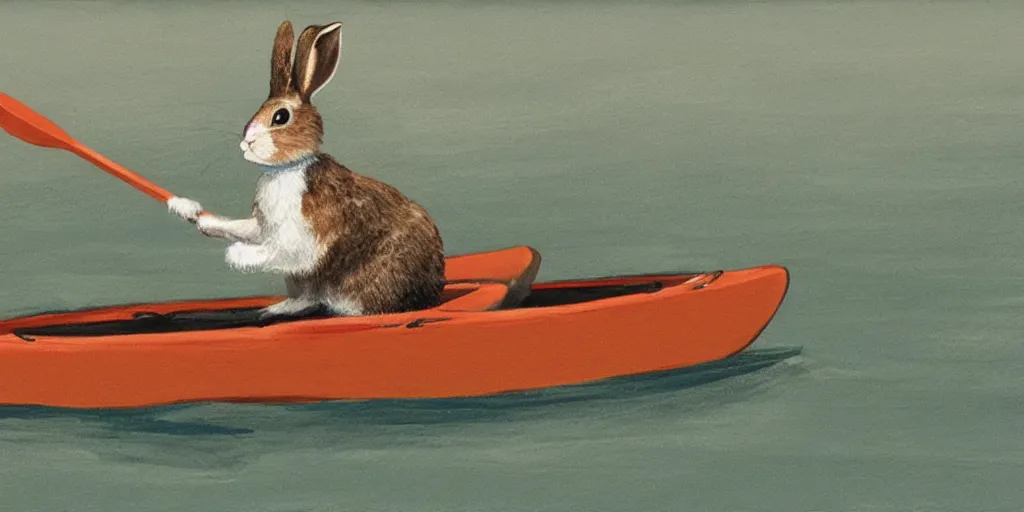 Prompt: a rabbit paddling a kayak, in the style of Zorn
