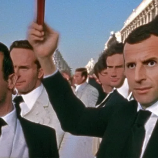 Image similar to still of emmanuel macron clones, invading place de la concorde, in american psycho ( 1 9 9 9 ), sunset