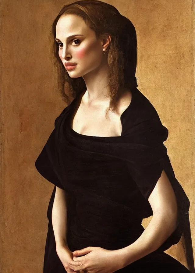 Image similar to a portrait of a Natalie Portman , beautiful clothes, oil painting in a renaissance style , very detailed, painted by Caravaggio.