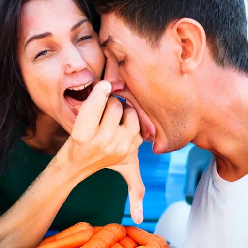 Prompt: woman eating man with carrot hands