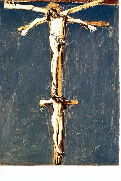 Image similar to light of god illuminating jesus christ crucified painted by cy twombly and andy warhol