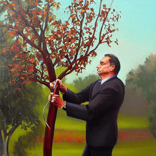 Image similar to viktor orban pruning a tree, oil painting