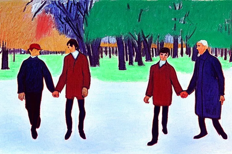 Image similar to a very tall man named John with dark hair holding the hands of a short young boy named Alex with dark hair as they walk in a park on a bright beautiful colorful winter day. part in the style of an edgar degas painting. part in the style of david hockney